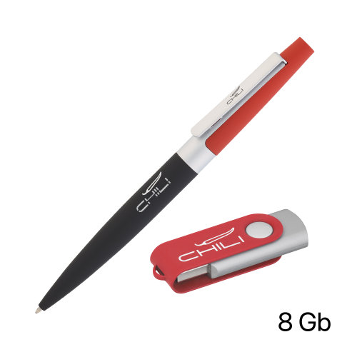 Набор ручка + флеш-карта 8 Гб в футляре, черный/желтый, покрытие soft touch #, красный с черным