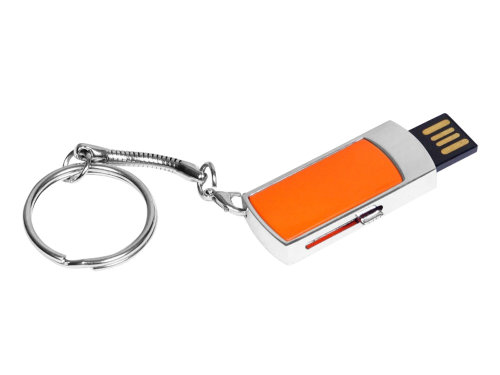 Флешка прямоугольной формы, выдвижной механизм с мини чипом, 64 Гб, оранжевый/серебристый