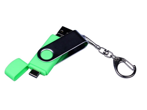 USB-флешка на 32 Гб поворотный механизм, c двумя дополнительными разъемами MicroUSB и TypeC, зеленый