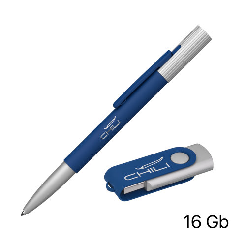 Набор ручка "Clas" + флеш-карта "Vostok" 16 Гб в футляре, покрытие soft touch, темно-синий
