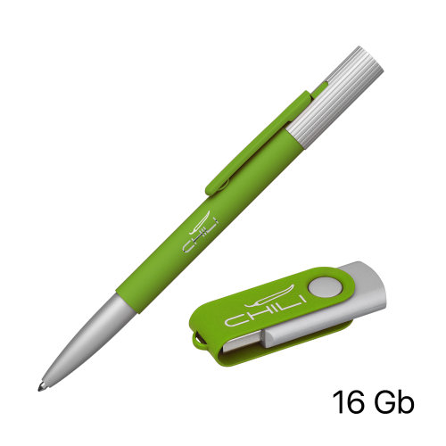 Набор ручка "Clas" + флеш-карта "Vostok" 16 Гб в футляре, покрытие soft touch, зеленое яблоко