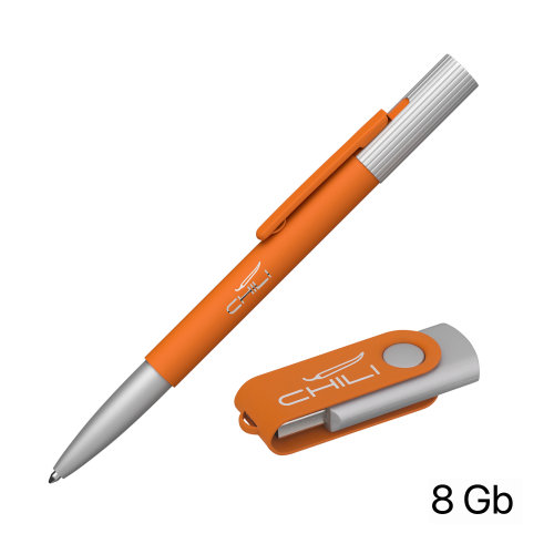 Набор ручка "Clas" + флеш-карта "Vostok" 8 Гб в футляре, покрытие soft touch, оранжевый