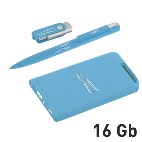 Набор ручка + флеш-карта 16Гб + зарядное устройство 4000 mAh в футляре покрытие soft touch, голубой