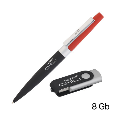 Набор ручка + флеш-карта 8 Гб в футляре, черный/желтый, покрытие soft touch #, черный с красным