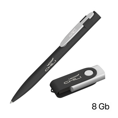 Набор ручка + флеш-карта 8 Гб в футляре, покрытие softgrip, черный с серебристым