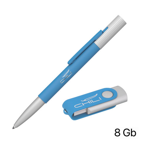 Набор ручка "Clas" + флеш-карта "Vostok" 8 Гб в футляре, покрытие soft touch, голубой