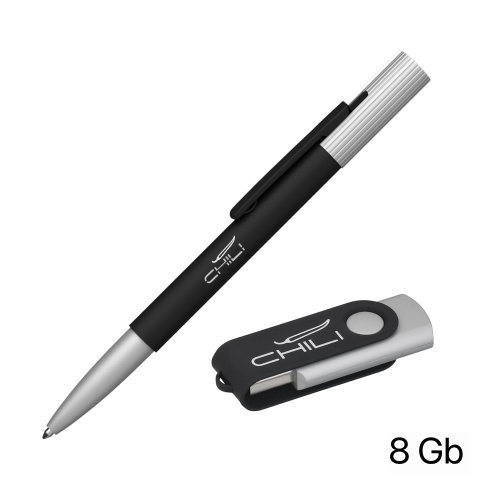 Набор ручка "Clas" + флеш-карта "Vostok" 8 Гб в футляре, покрытие soft touch, черный