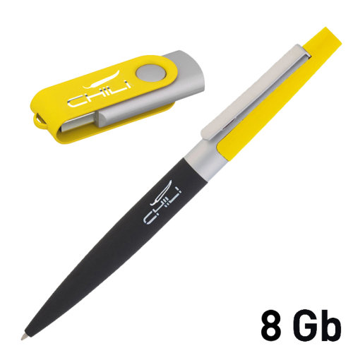 Набор ручка + флеш-карта 8 Гб в футляре, черный/желтый, покрытие soft touch #, черный с желтым