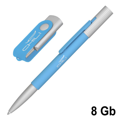 Набор ручка "Clas" + флеш-карта "Vostok" 8 Гб в футляре, покрытие soft touch, голубой