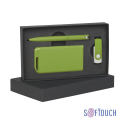 Набор ручка + флеш-карта 8Гб + зарядное устройство 4000 mAh в футляре, soft touch, зеленое яблоко