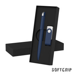 Набор ручка + флеш-карта 16 Гб в футляре,  покрытие softgrip, темно-синий
