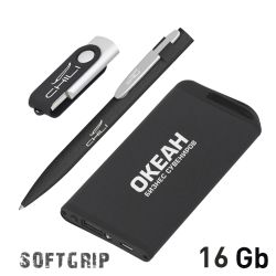 Набор ручка + флеш-карта 16Гб + зарядное устройство 4000 mAh в футляре, покрытие softgrip, черный с серебристым